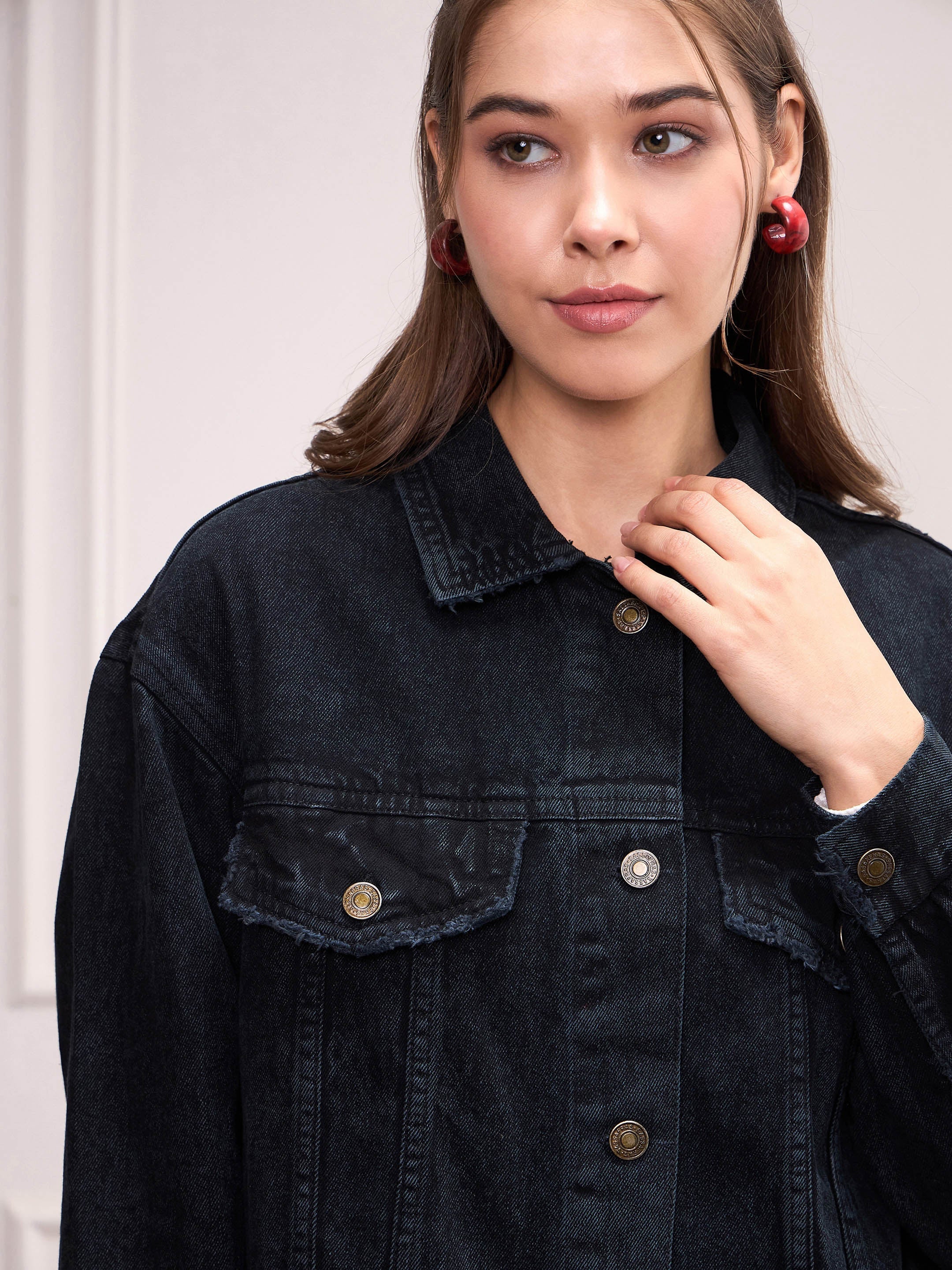 Women Black Washed Denim Shacket-SFSHRT20533