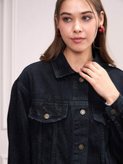 Women Black Washed Denim Shacket-SFSHRT20533