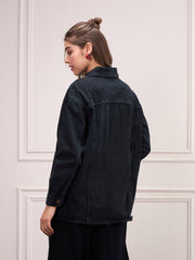 Women Black Washed Denim Shacket-SFSHRT20533