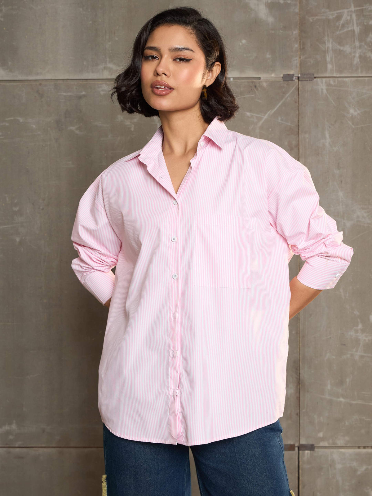 Women Pink & White Striped Oversized Shirt-SFSHRT20593