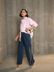 Women Pink & White Striped Oversized Shirt-SFSHRT20593