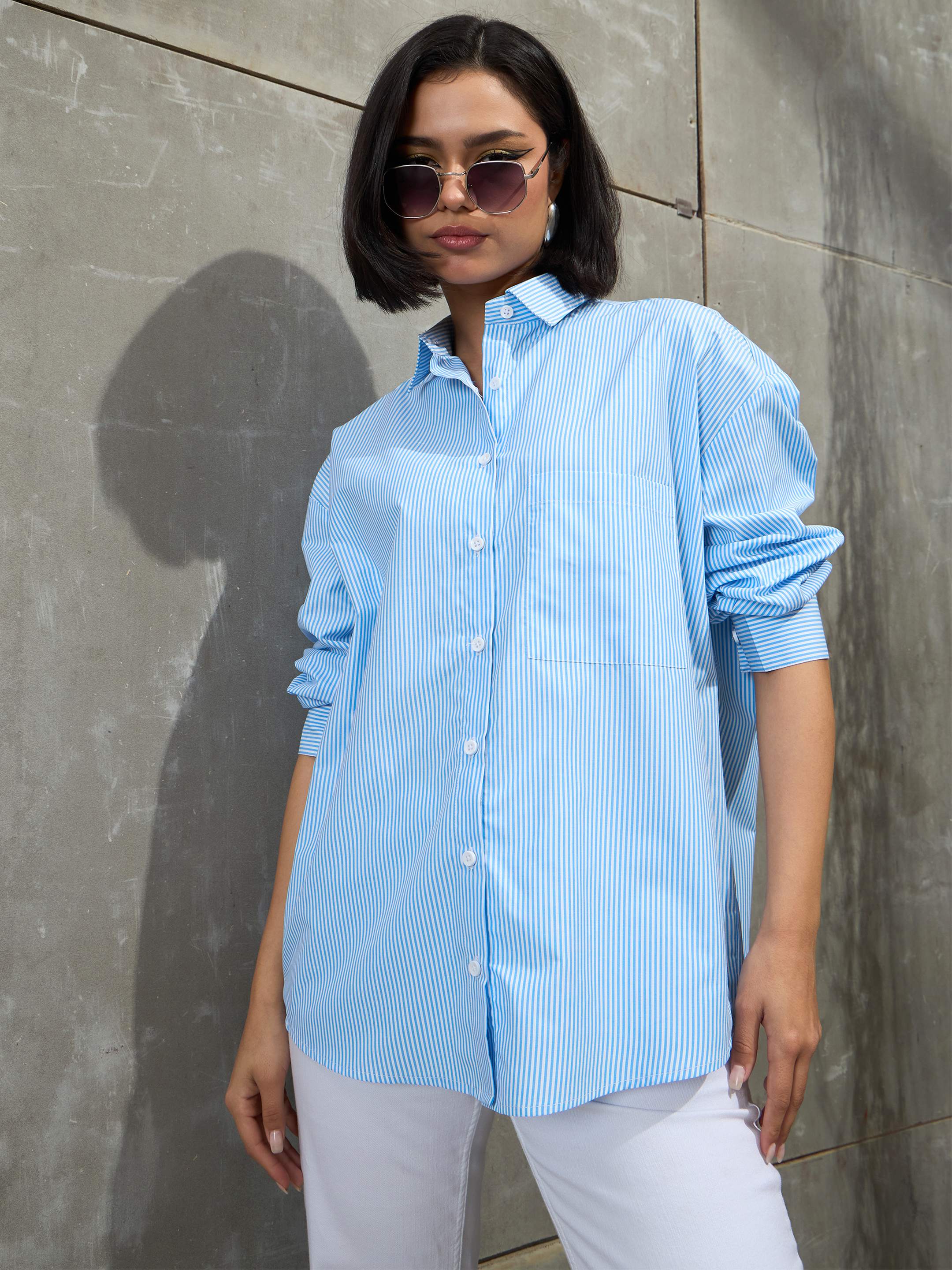 Women Blue & White Striped Oversized Shirt-SFSHRT20594