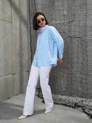 Women Blue & White Striped Oversized Shirt-SFSHRT20594