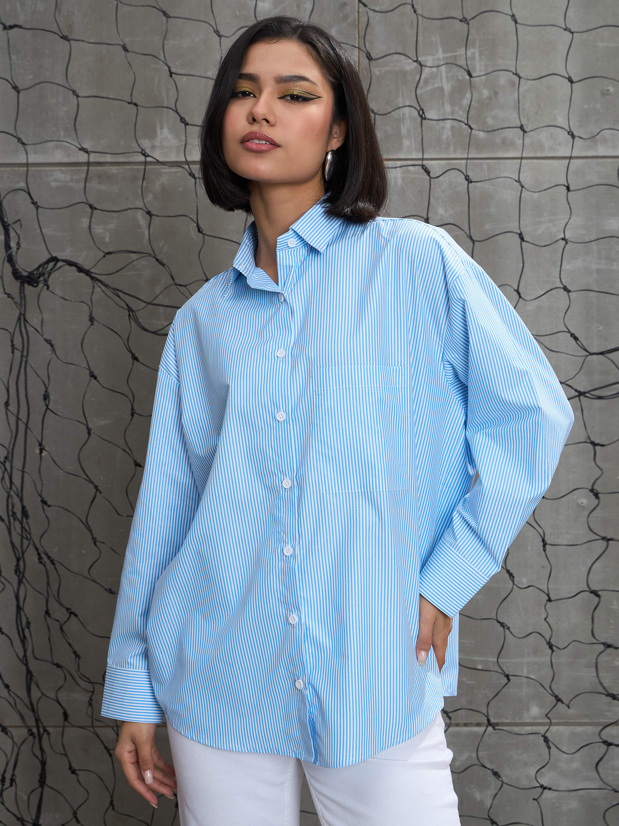 Women Blue & White Striped Oversized Shirt-SFSHRT20594