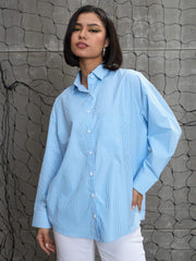 Women Blue & White Striped Oversized Shirt-SFSHRT20594