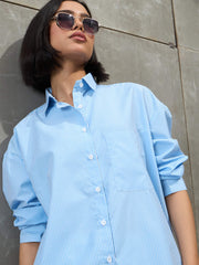 Women Blue & White Striped Oversized Shirt-SFSHRT20594