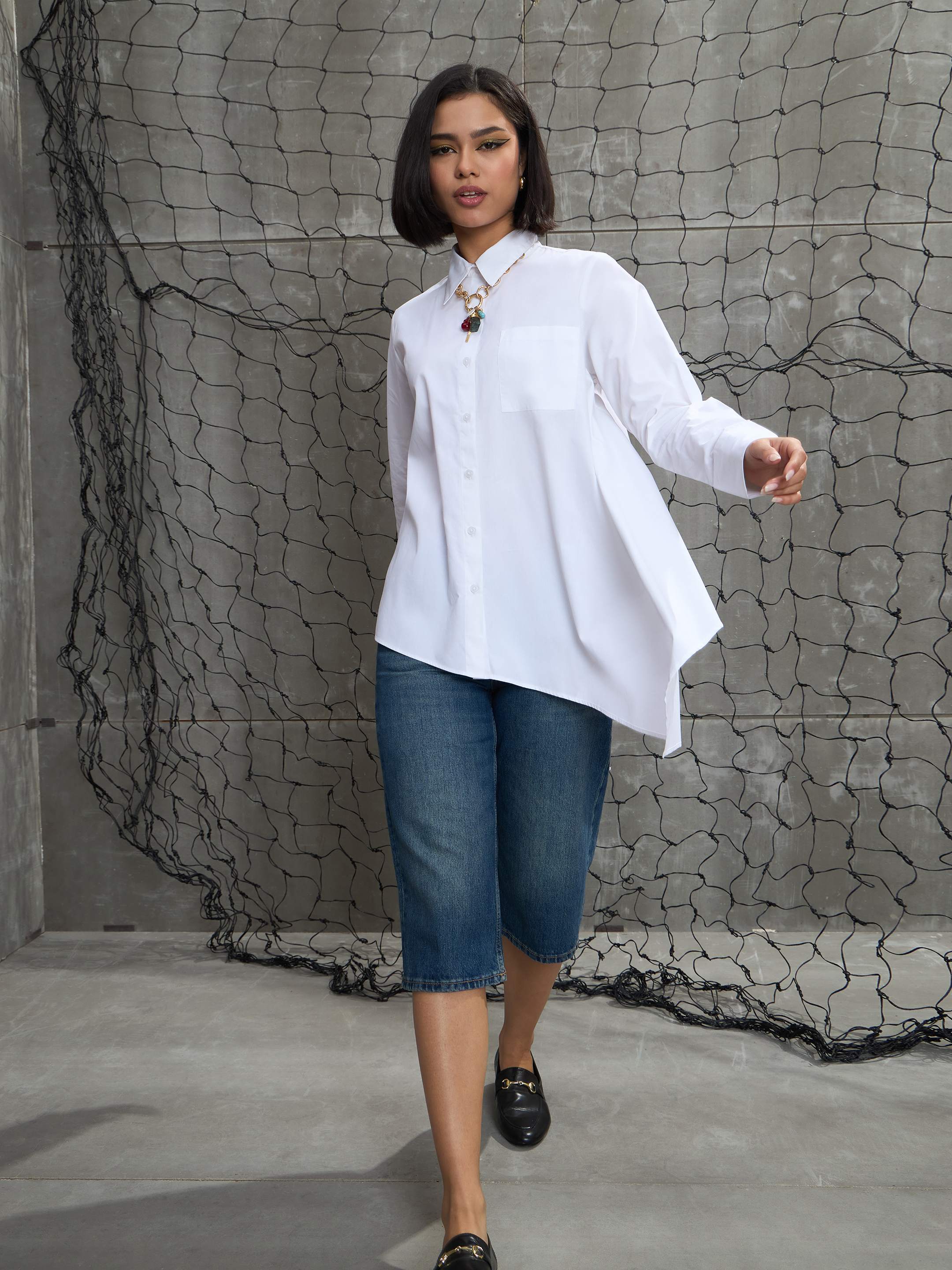 Women White Poplin Assymetric Hem Shirt-SFSHRT20595