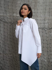 Women White Poplin Assymetric Hem Shirt-SFSHRT20595