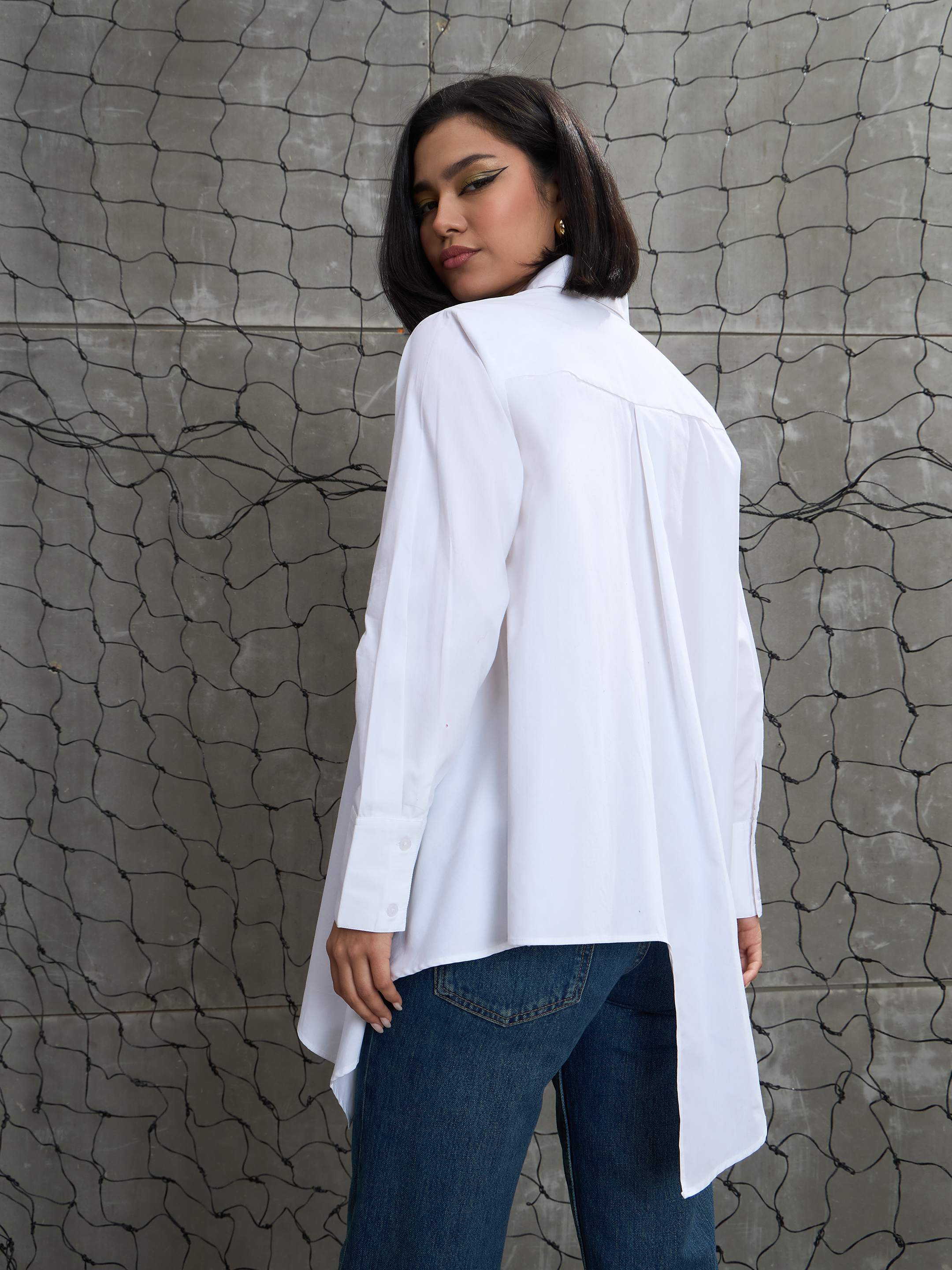 Women White Poplin Assymetric Hem Shirt-SFSHRT20595