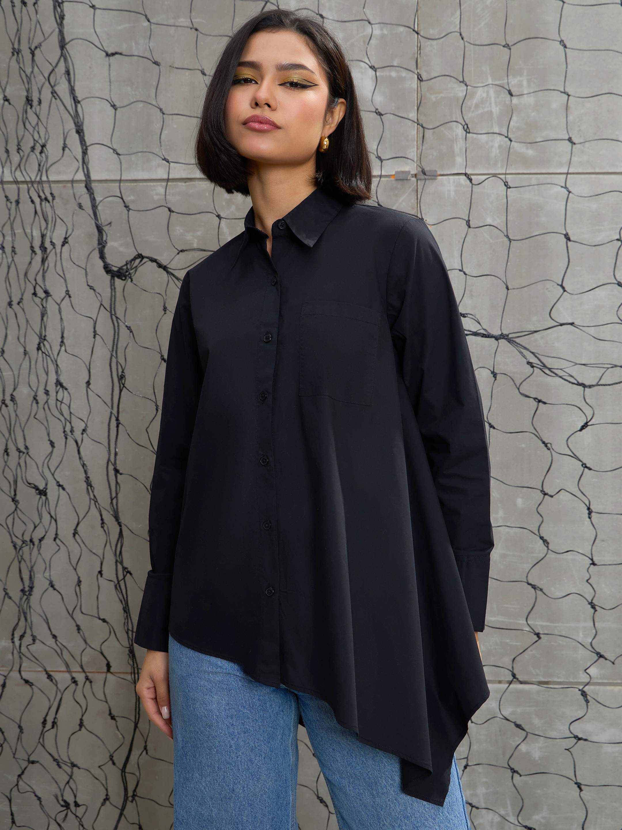 Women Black Poplin Assymetric Hem Shirt-SFSHRT20596