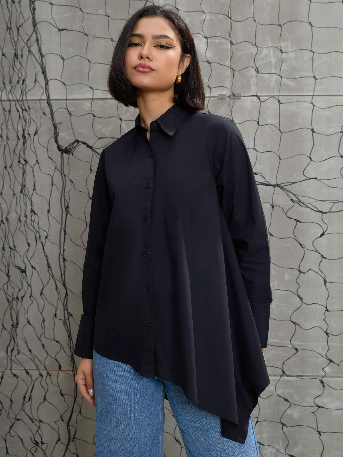 Women Black Poplin Assymetric Hem Shirt-SFSHRT20596