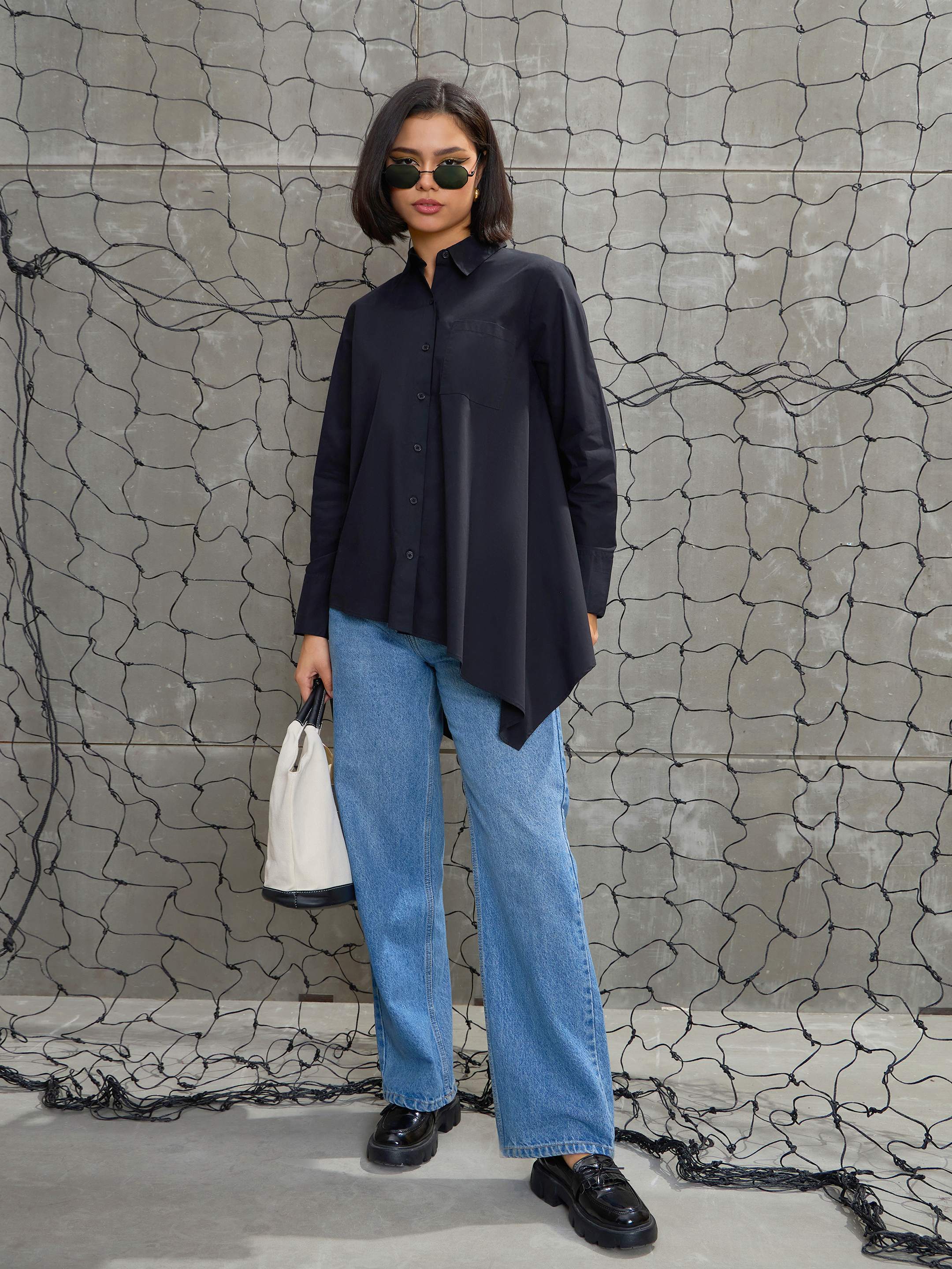 Women Black Poplin Assymetric Hem Shirt-SFSHRT20596