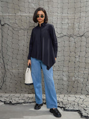 Women Black Poplin Assymetric Hem Shirt-SFSHRT20596