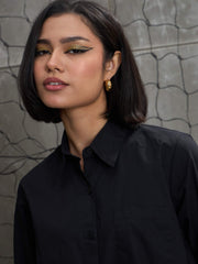 Women Black Poplin Assymetric Hem Shirt-SFSHRT20596