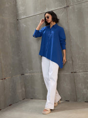 Women Royal Blue Poplin Assymetric Hem Shirt-SFSHRT20597
