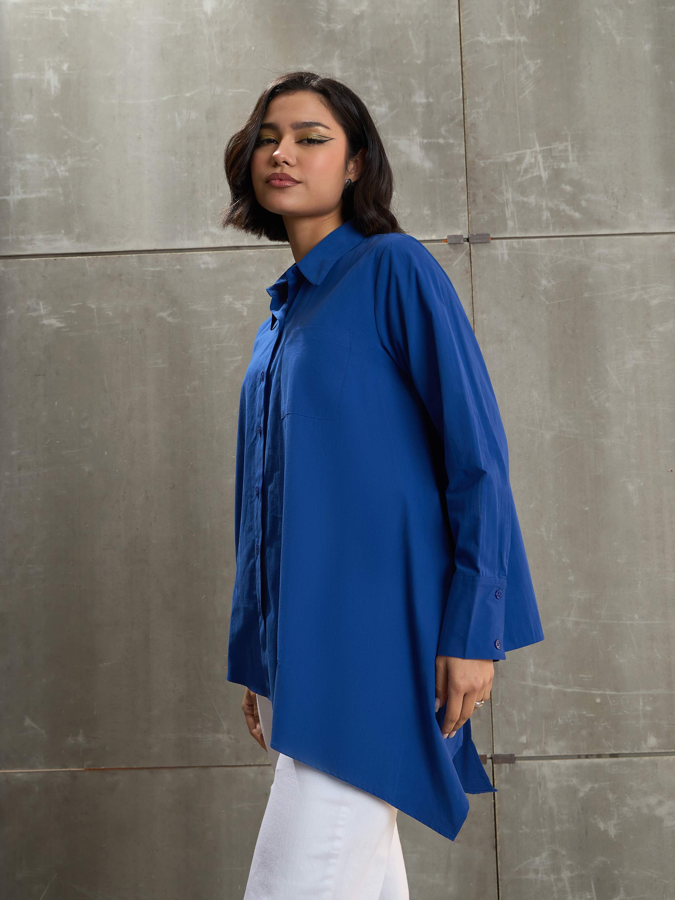 Women Royal Blue Poplin Assymetric Hem Shirt-SFSHRT20597