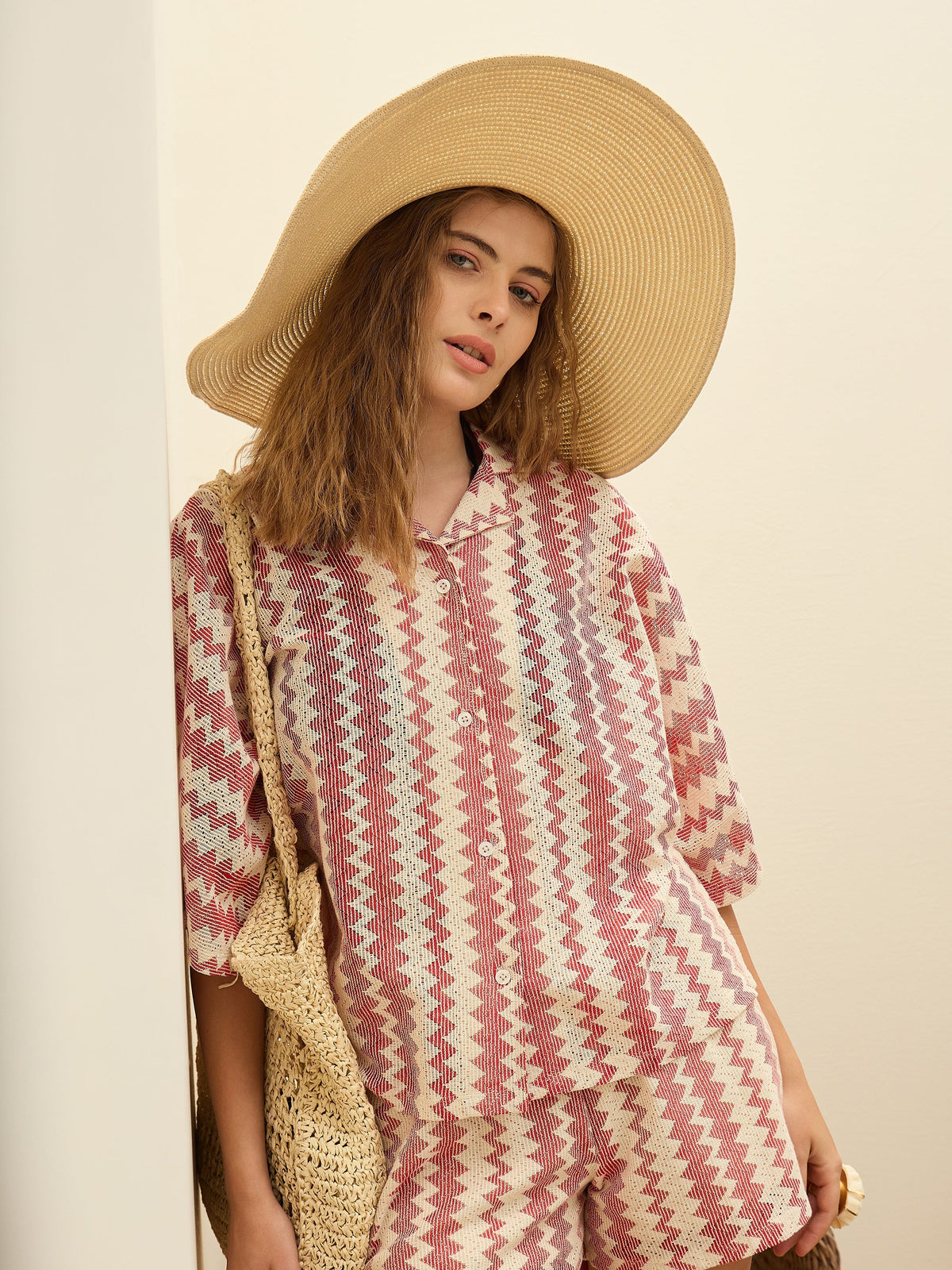Women Red & Beige Chevron Stripe Oversized Shirt-SFSHRT20598