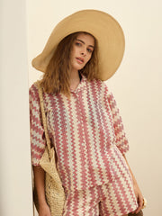 Women Red & Beige Chevron Stripe Oversized Shirt-SFSHRT20598