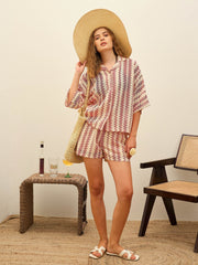 Women Red & Beige Chevron Stripe Oversized Shirt-SFSHRT20598