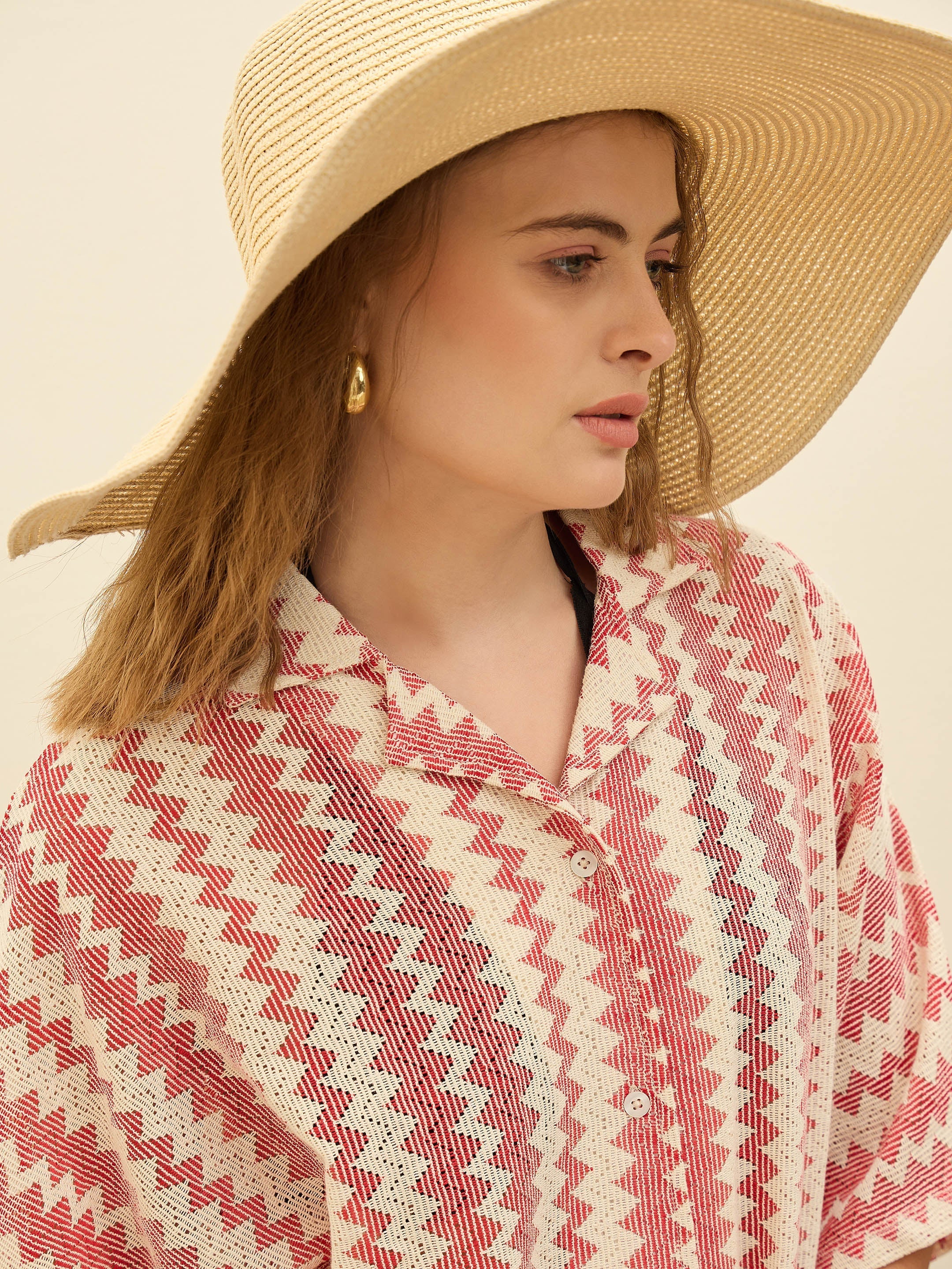 Women Red & Beige Chevron Stripe Oversized Shirt-SFSHRT20598