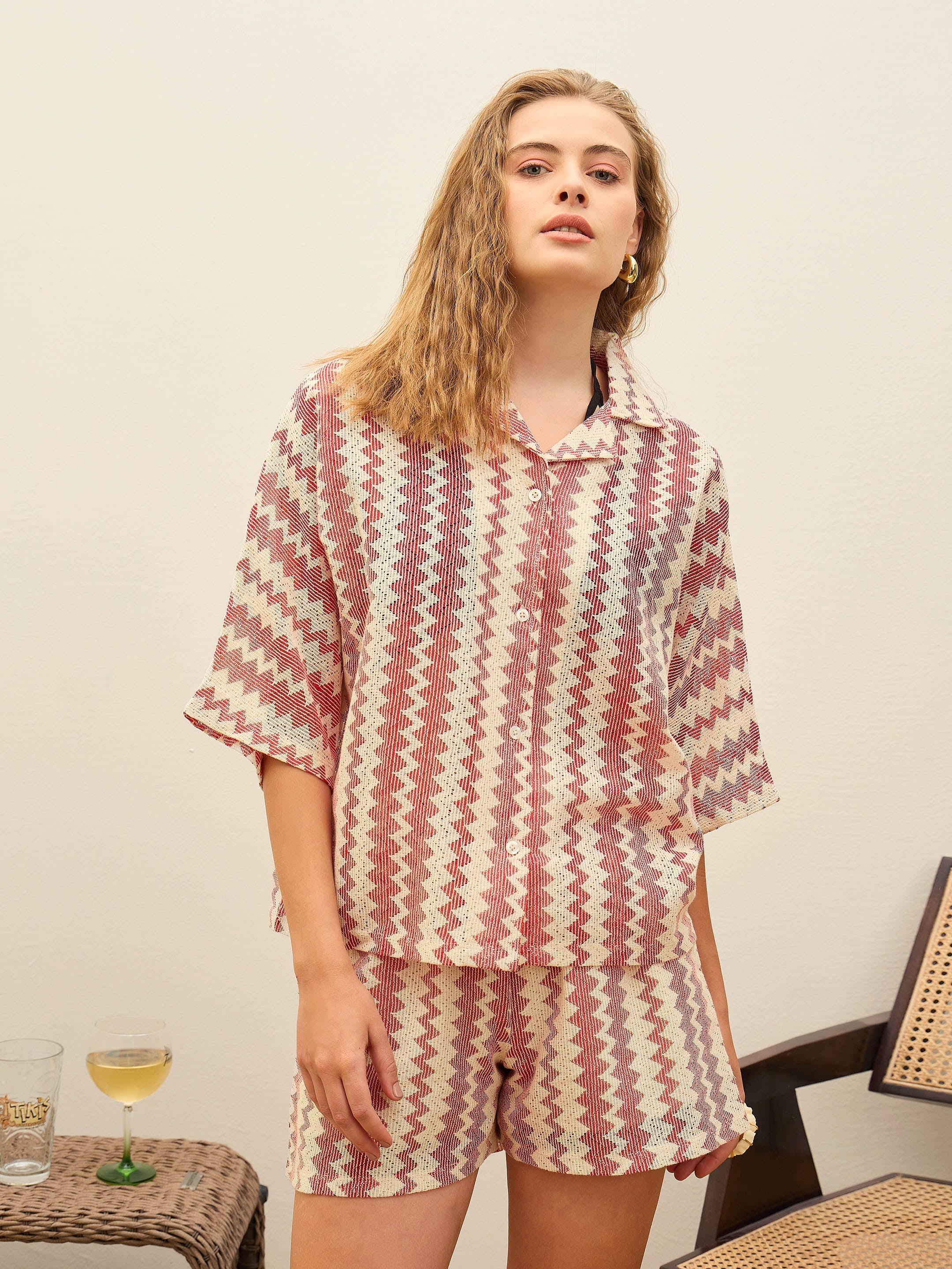 Women Red & Beige Chevron Stripe Oversized Shirt-SFSHRT20598