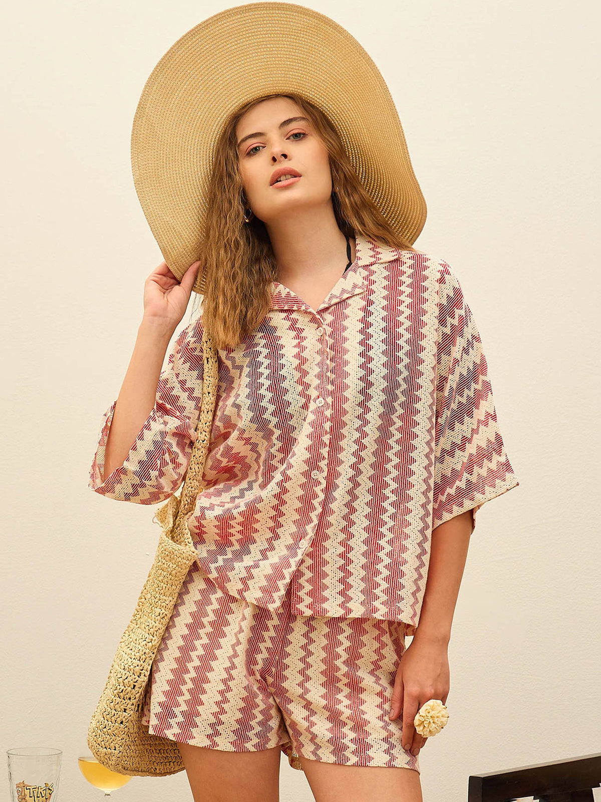 Women Red & Beige Chevron Stripe Oversized Shirt With Shorts-SFSHRT20598_SFSHOR9103