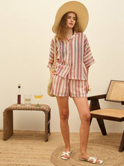 Women Red & Beige Chevron Stripe Oversized Shirt With Shorts-SFSHRT20598_SFSHOR9103