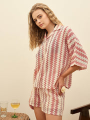 Women Red & Beige Chevron Stripe Oversized Shirt With Shorts-SFSHRT20598_SFSHOR9103