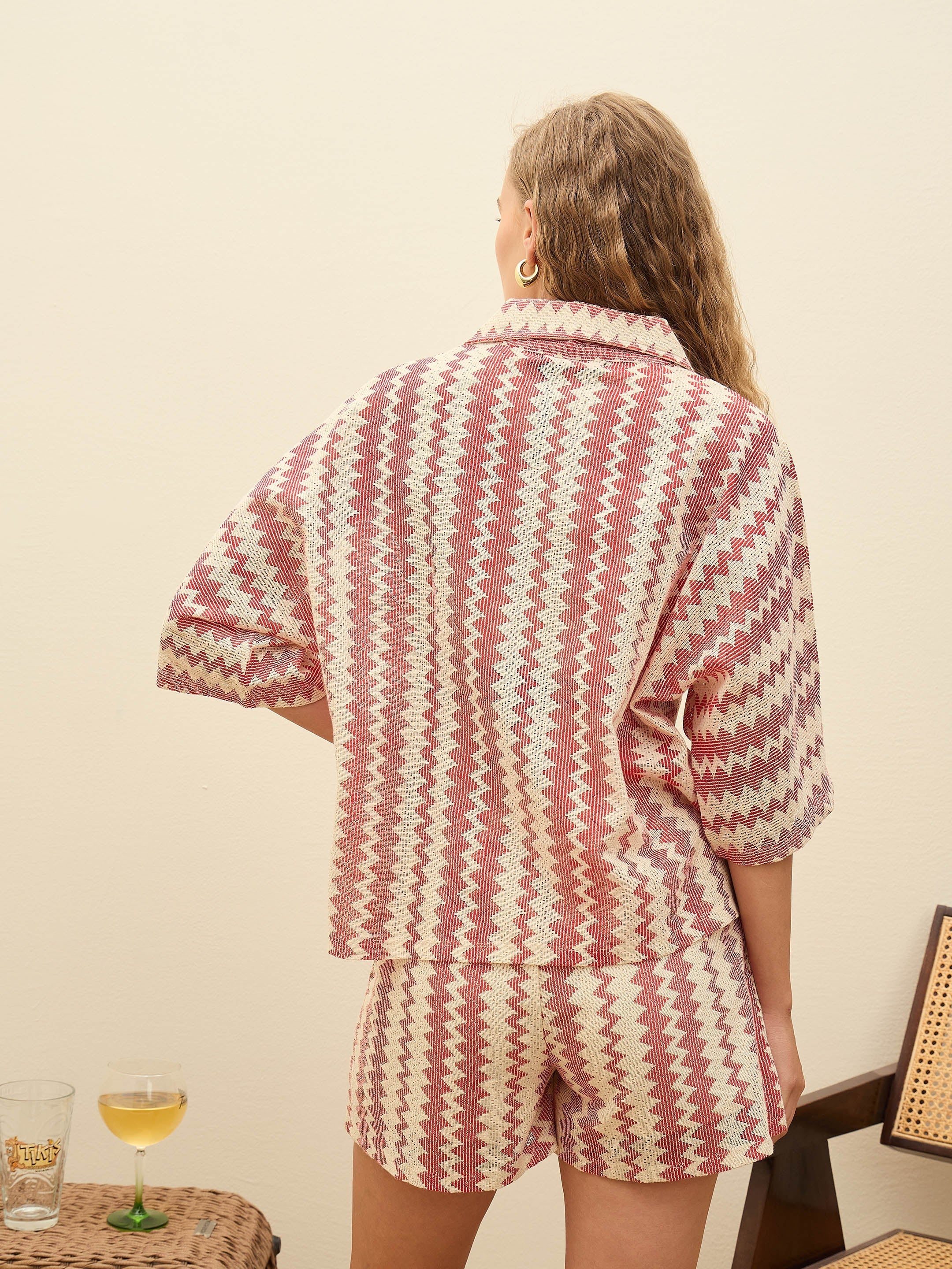Women Red & Beige Chevron Stripe Oversized Shirt With Shorts-SFSHRT20598_SFSHOR9103