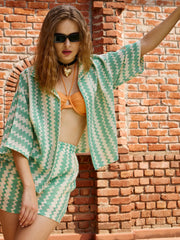 Women Green & Beige Chevron Stripe Oversized Shirt-SFSHRT20599