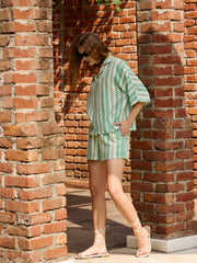 Women Green & Beige Chevron Stripe Oversized Shirt-SFSHRT20599