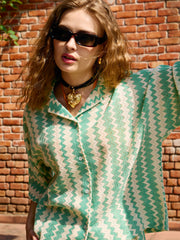 Women Green & Beige Chevron Stripe Oversized Shirt-SFSHRT20599