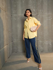 Women Yellow & White Striped Oversized Shirt-SFSHRT20600