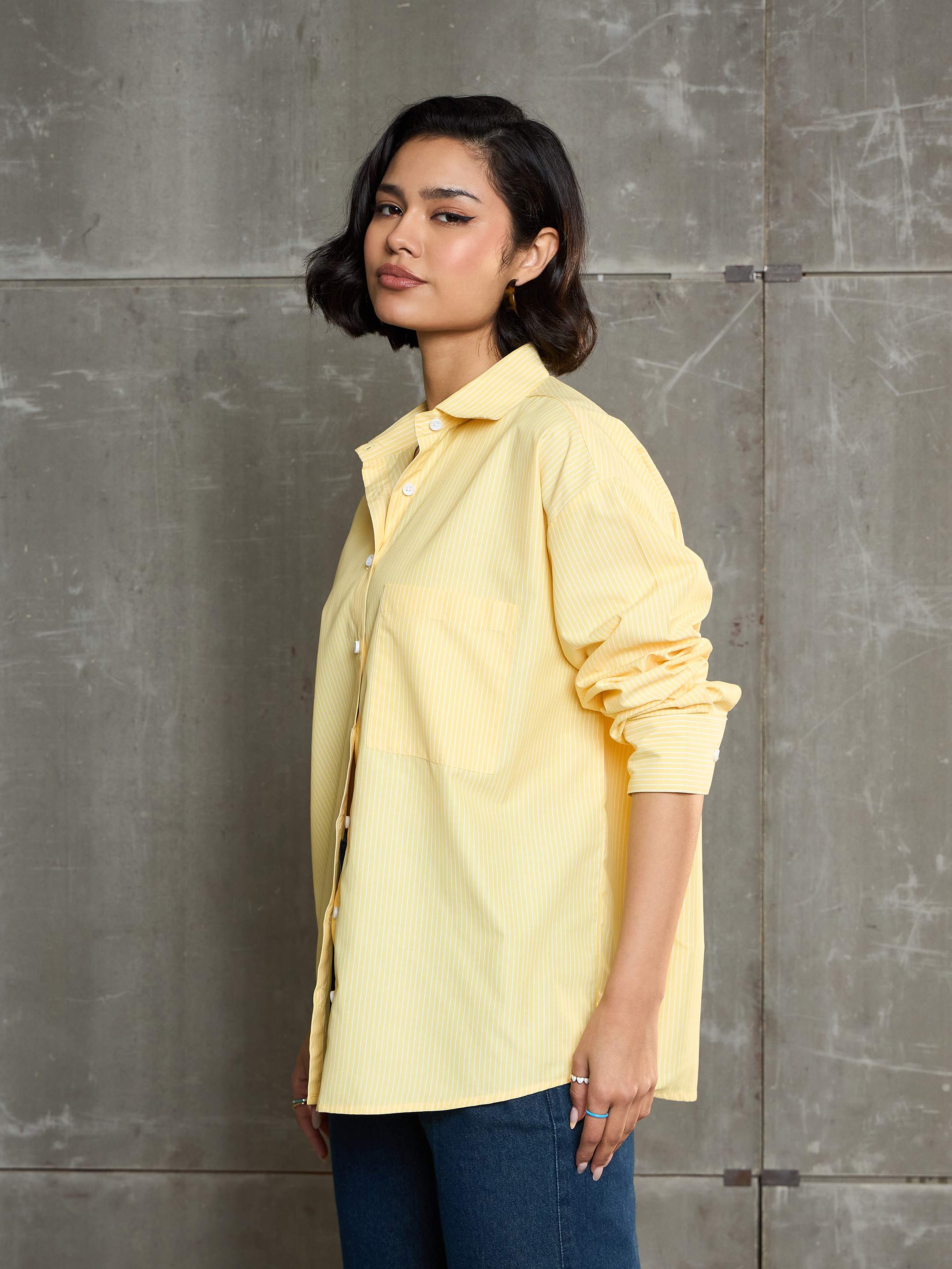 Women Yellow & White Striped Oversized Shirt-SFSHRT20600