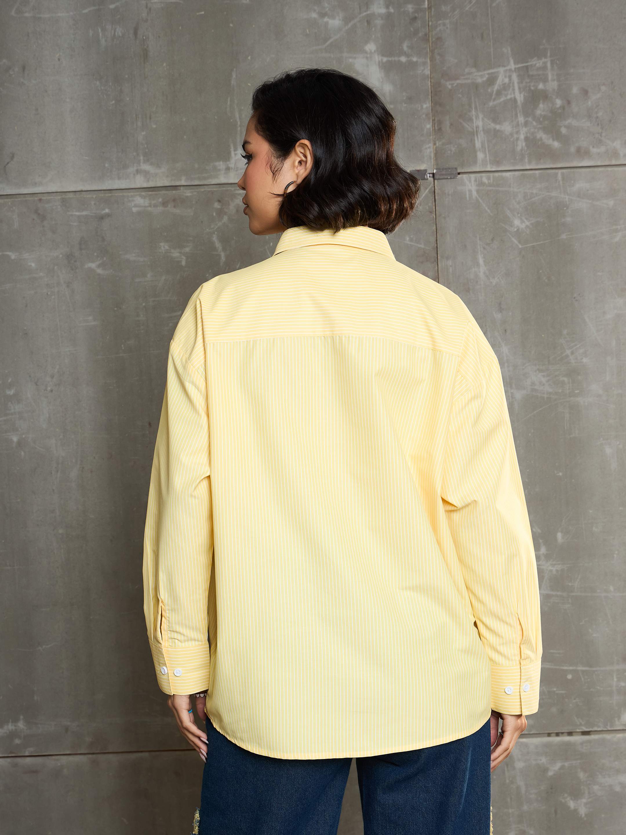 Women Yellow & White Striped Oversized Shirt-SFSHRT20600