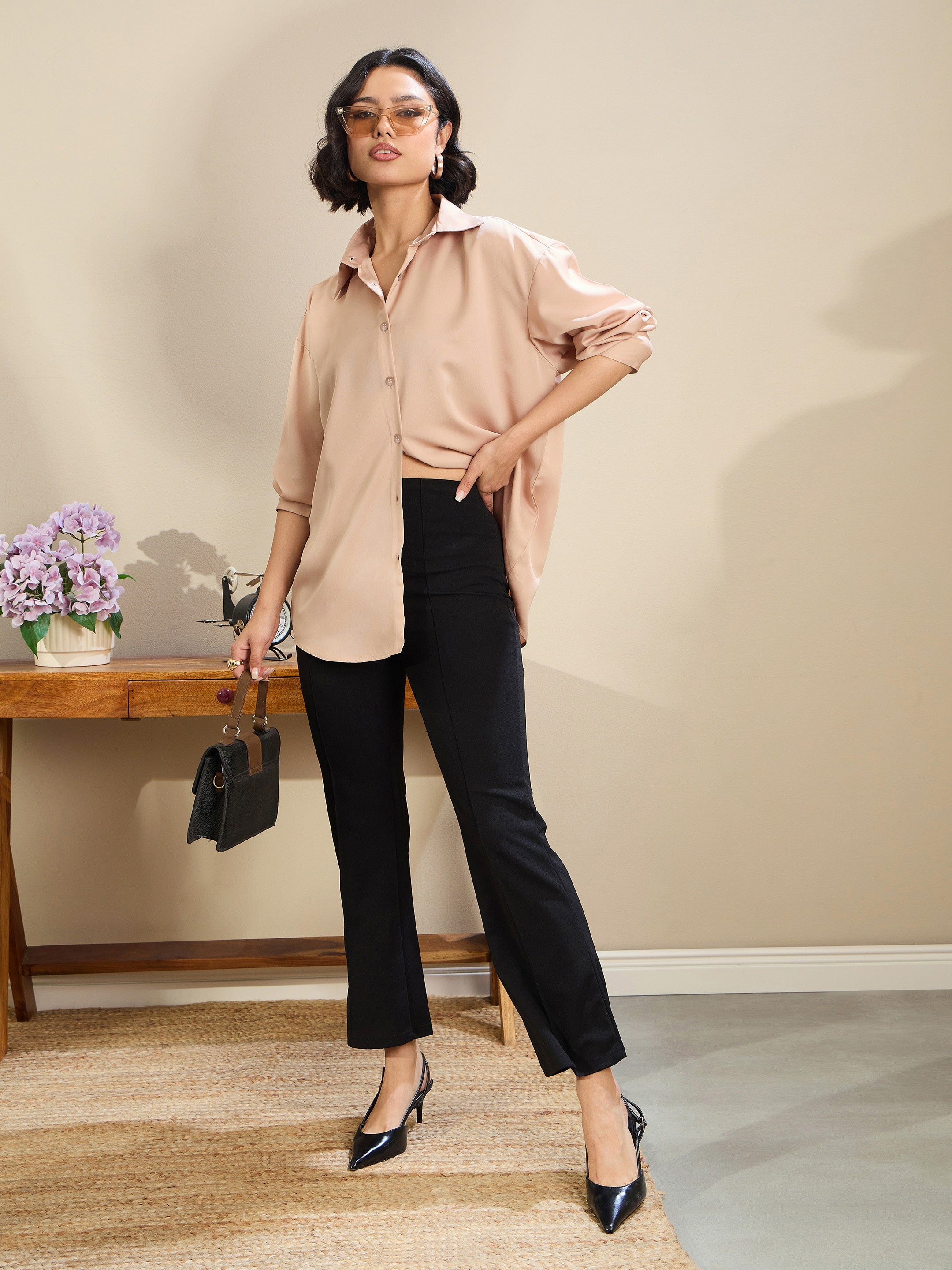 Women Beige Satin Oversized Curved Hem Shirt-SFSHRT20601
