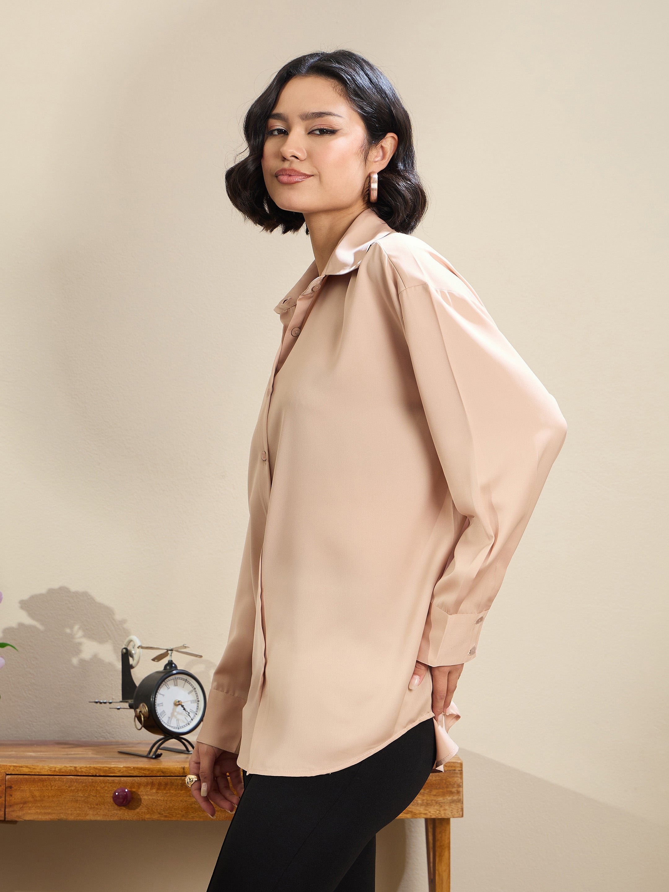 Women Beige Satin Oversized Curved Hem Shirt-SFSHRT20601