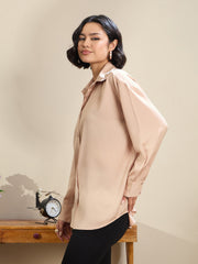 Women Beige Satin Oversized Curved Hem Shirt-SFSHRT20601