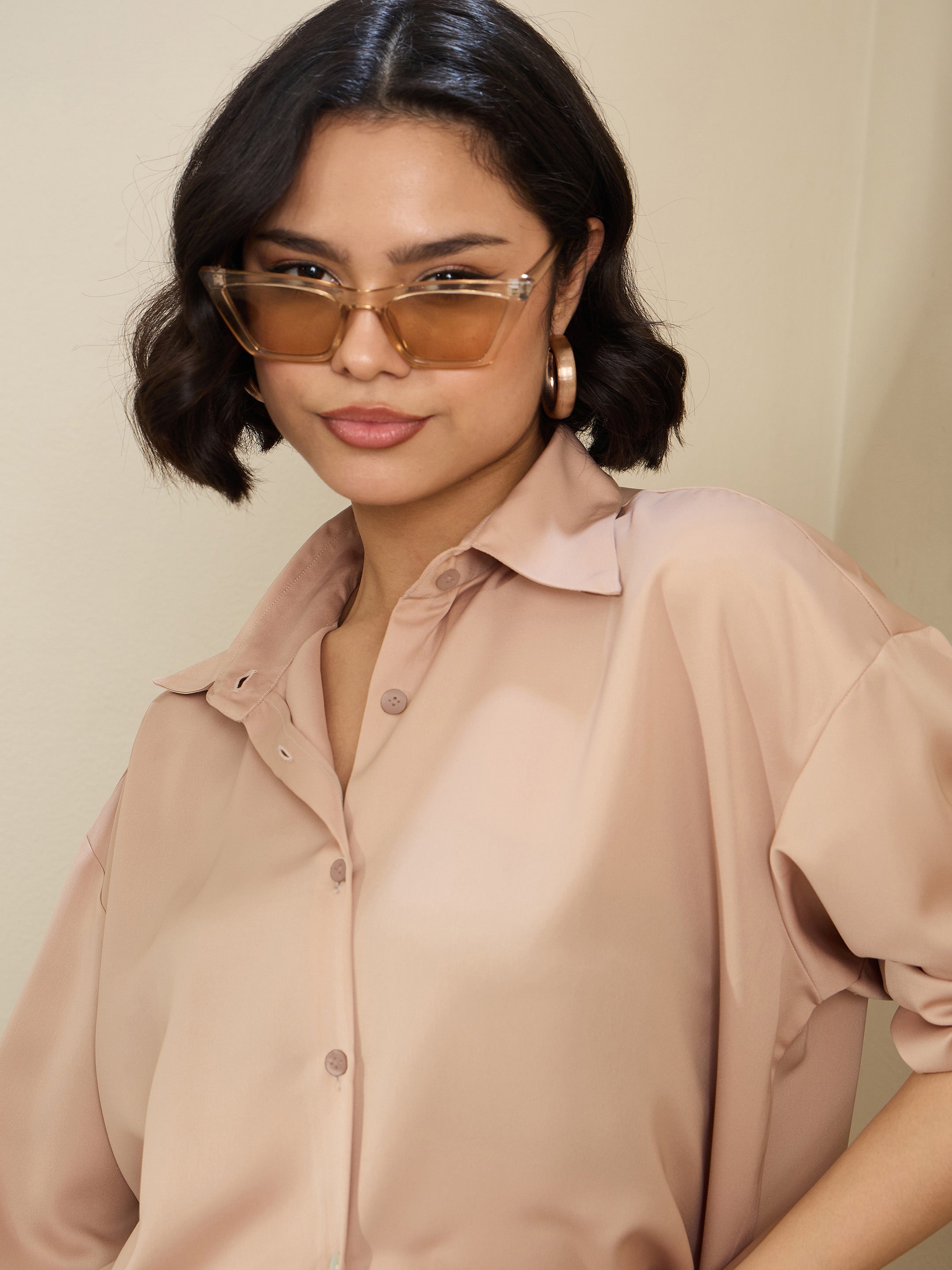 Women Beige Satin Oversized Curved Hem Shirt-SFSHRT20601