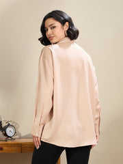 Women Beige Satin Oversized Curved Hem Shirt-SFSHRT20601