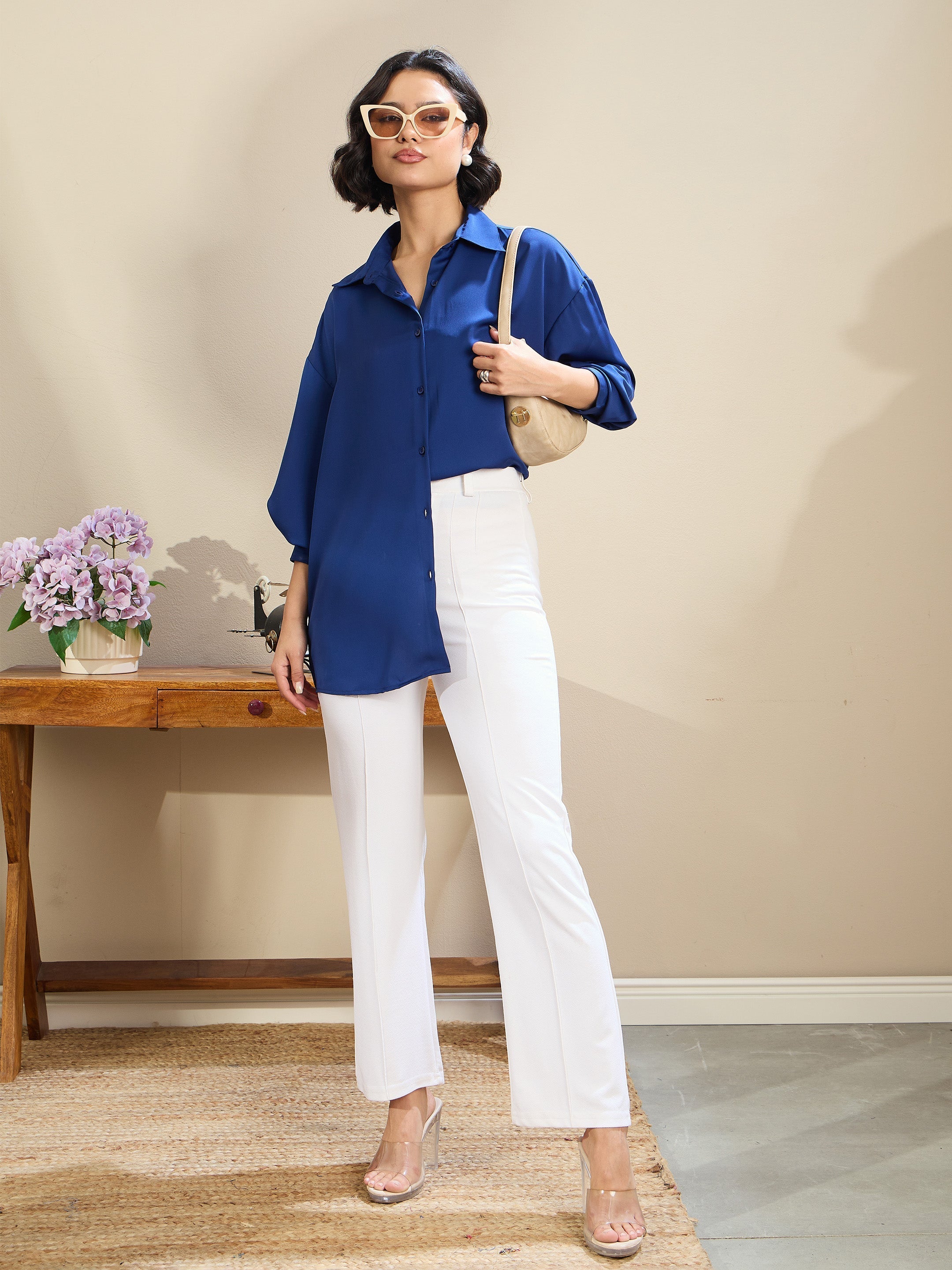 Women Royal Blue Satin Oversized Curved Hem Shirt-SFSHRT20602