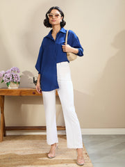 Women Royal Blue Satin Oversized Curved Hem Shirt-SFSHRT20602