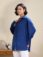 Women Royal Blue Satin Oversized Curved Hem Shirt-SFSHRT20602