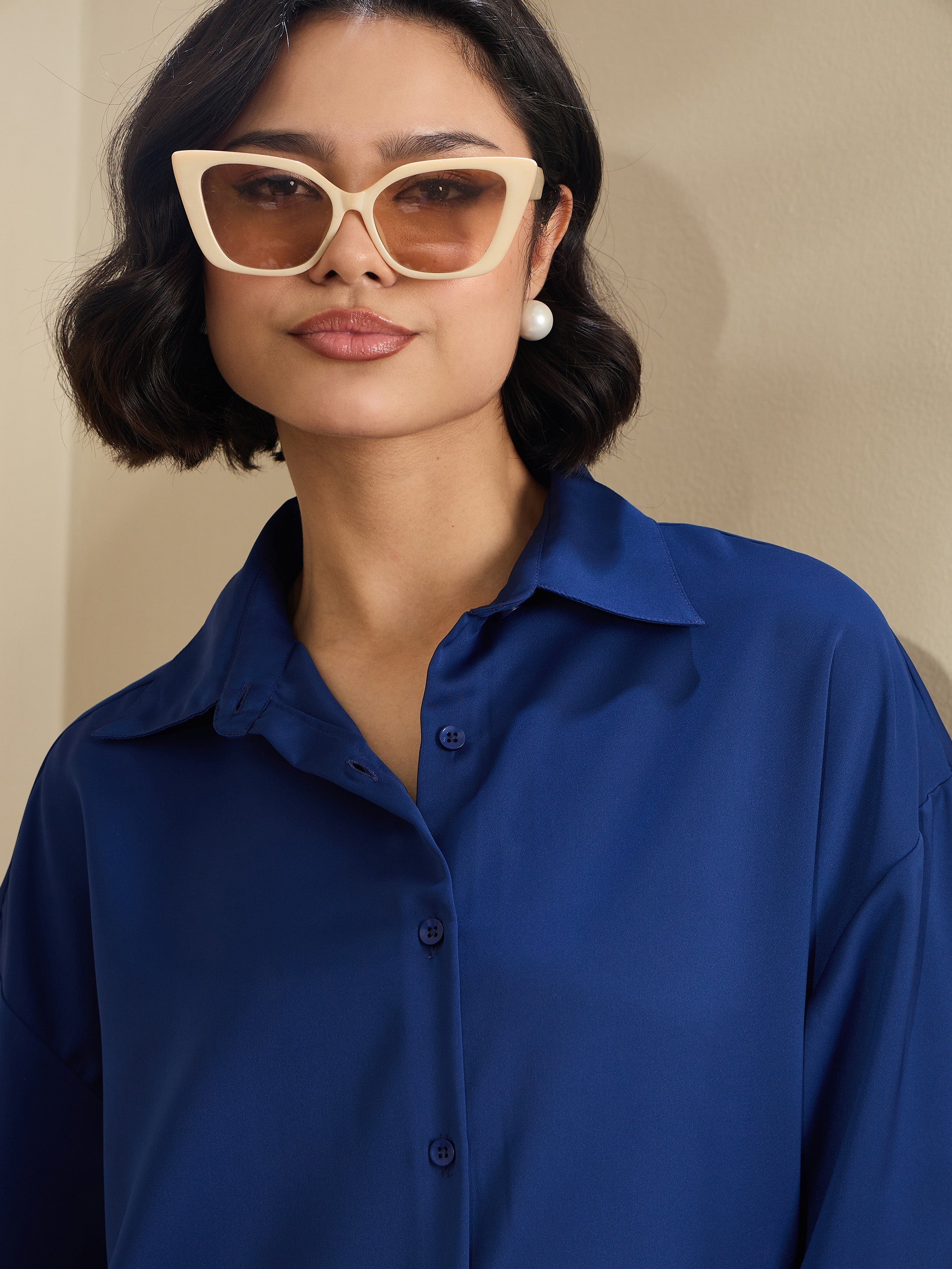 Women Royal Blue Satin Oversized Curved Hem Shirt-SFSHRT20602