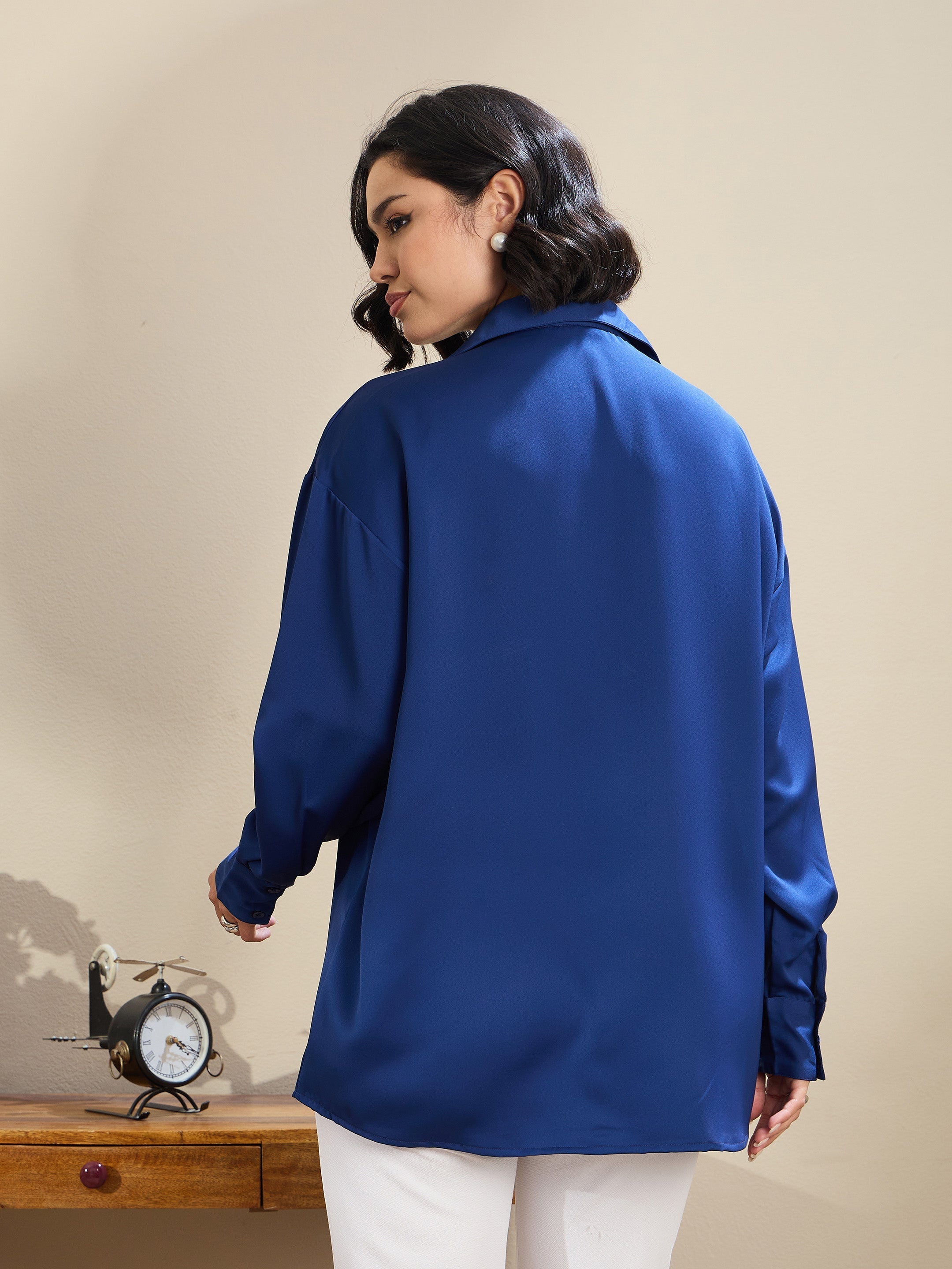 Women Royal Blue Satin Oversized Curved Hem Shirt-SFSHRT20602