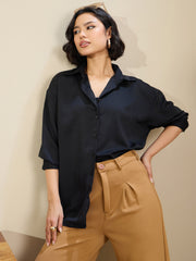 Women Black Satin Oversized Curved Hem Shirt-SFSHRT20603