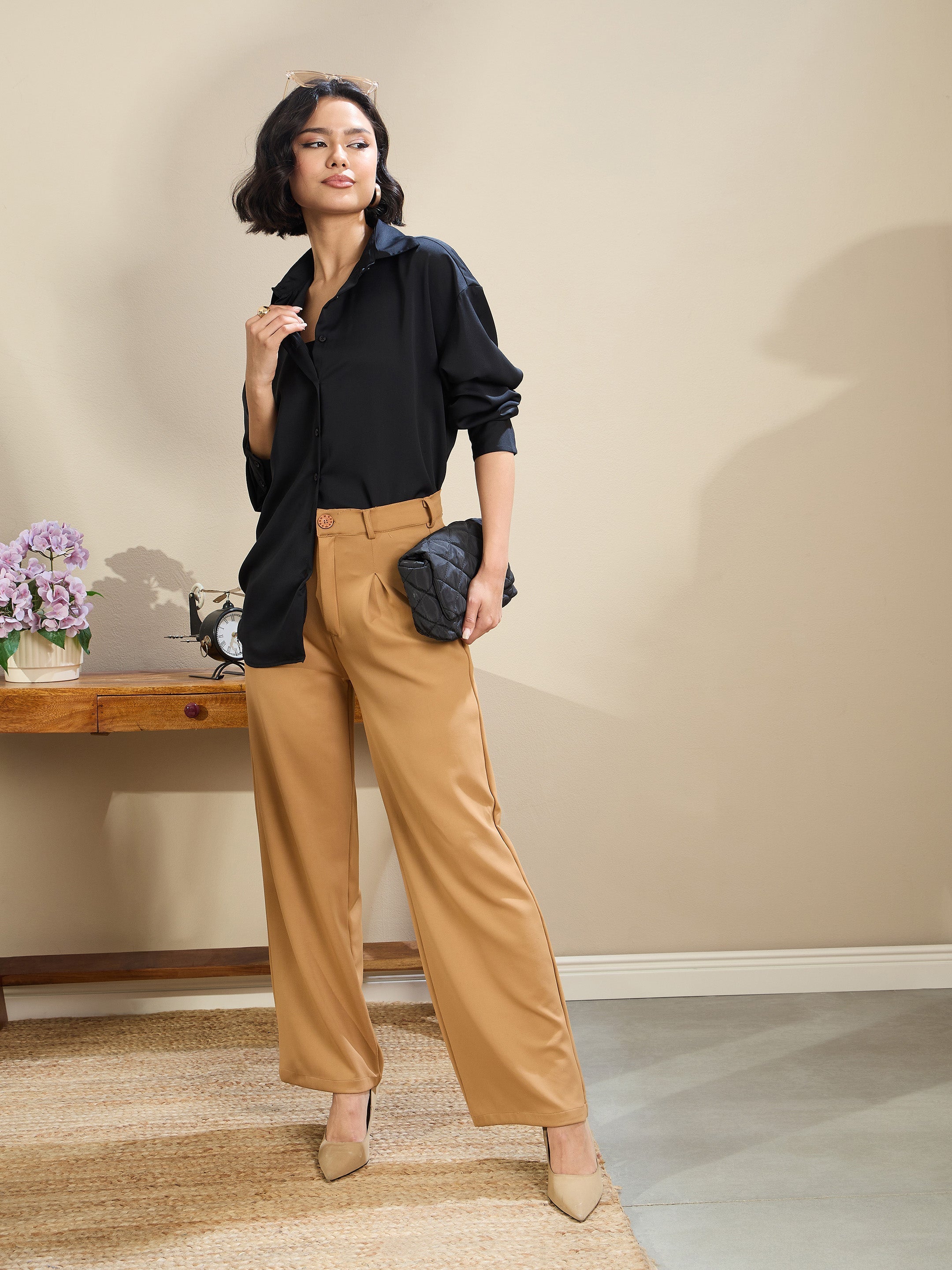 Women Black Satin Oversized Curved Hem Shirt-SFSHRT20603