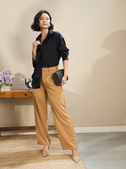 Women Black Satin Oversized Curved Hem Shirt-SFSHRT20603