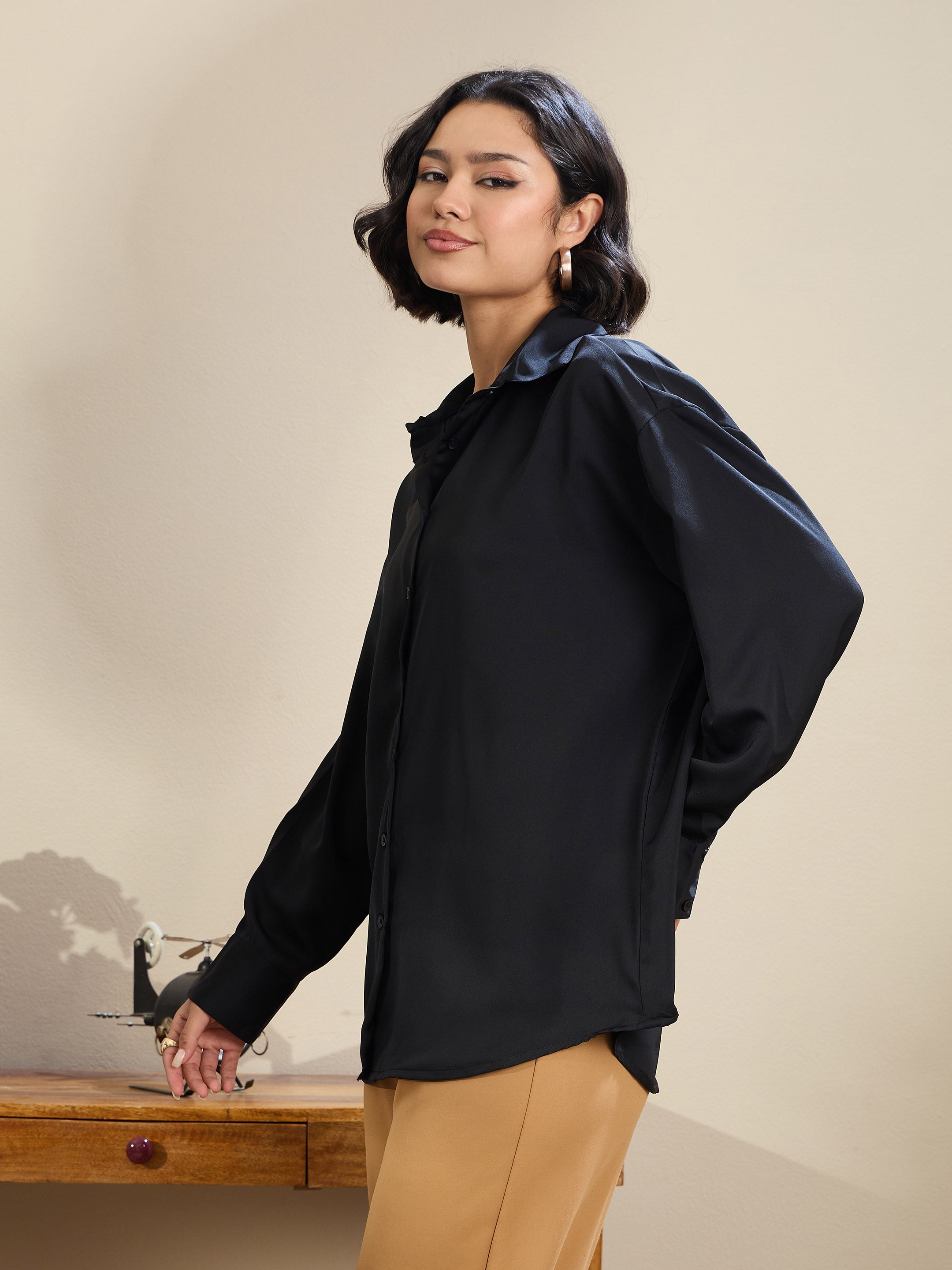 Women Black Satin Oversized Curved Hem Shirt-SFSHRT20603