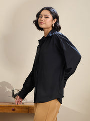 Women Black Satin Oversized Curved Hem Shirt-SFSHRT20603